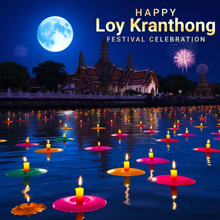 PSD celebrar las linternas flotantes de loy krathong, las ofrendas de agua y la belleza de la tradición tailandesa
