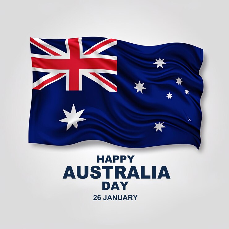 PSD celebrate l'australia day con questo disegno patriottico con la bandiera e i punti di riferimento iconici