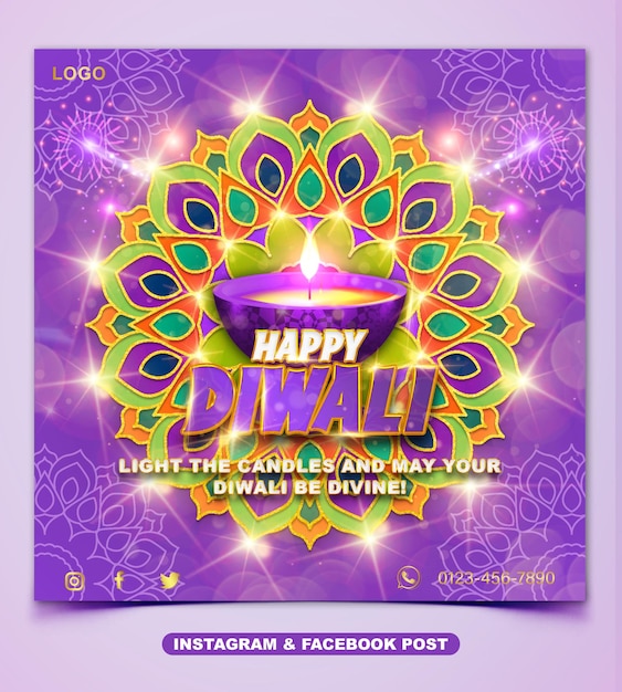 PSD célébration du festival happy diwali avec effet de texte 3d modèle de publication facebook ou instagram
