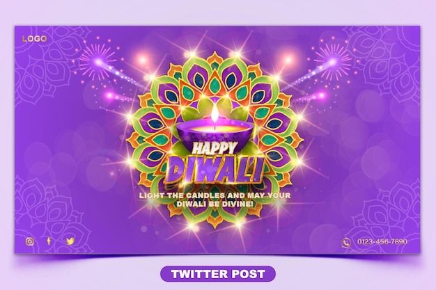 PSD célébration du festival happy diwali avec modèle de publication twitter à effet de texte 3d