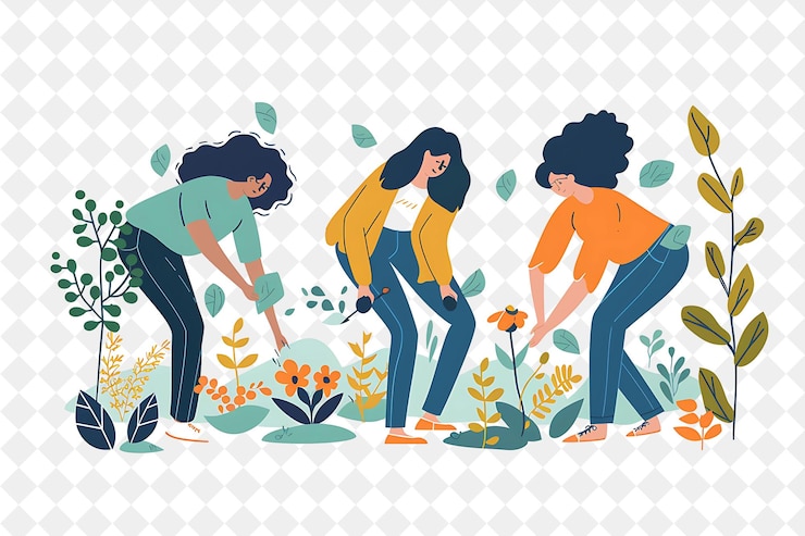PSD celebrazione dell'equinozio di primavera con personaggi che piantano semi in png festival 2d flat art illustrations