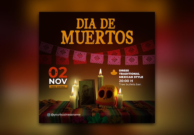 Celebrazione messicana del Dia de muertos Modello di volantino post sui social media