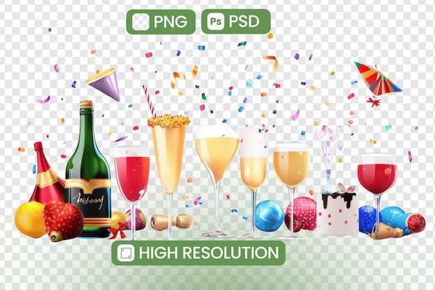 Célébrer les fêtes Boissons mousseuses Confetti colorés et décorations festives Créer une atmosphère de fête joyeuse Images haute résolution pour des projets de conception Fichiers PNG et PSD disponibles