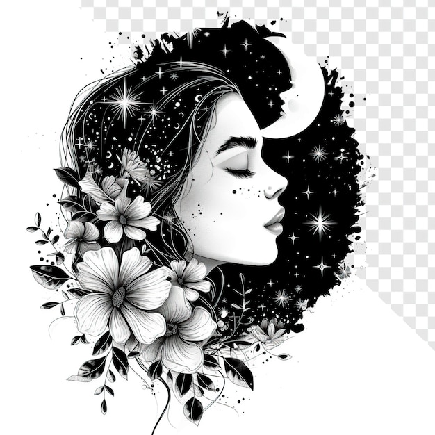 Celestial Boho Woman Line Art con elementi floreali su sfondo trasparente