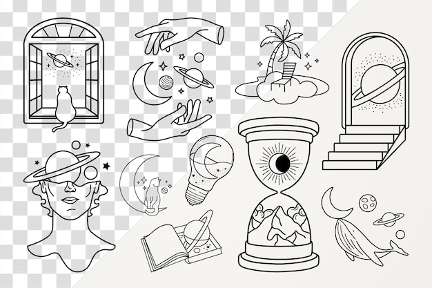 Celestial doodle png adesivo conjunto de fundo transparente