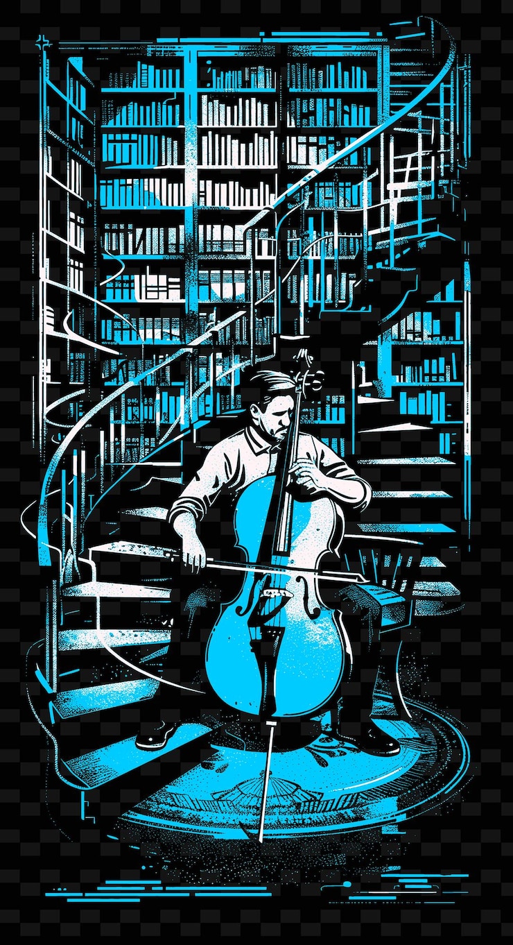 PSD cellista en una biblioteca con estanterías y escaleras en espiral ilustración vectorial idea de cartel de música