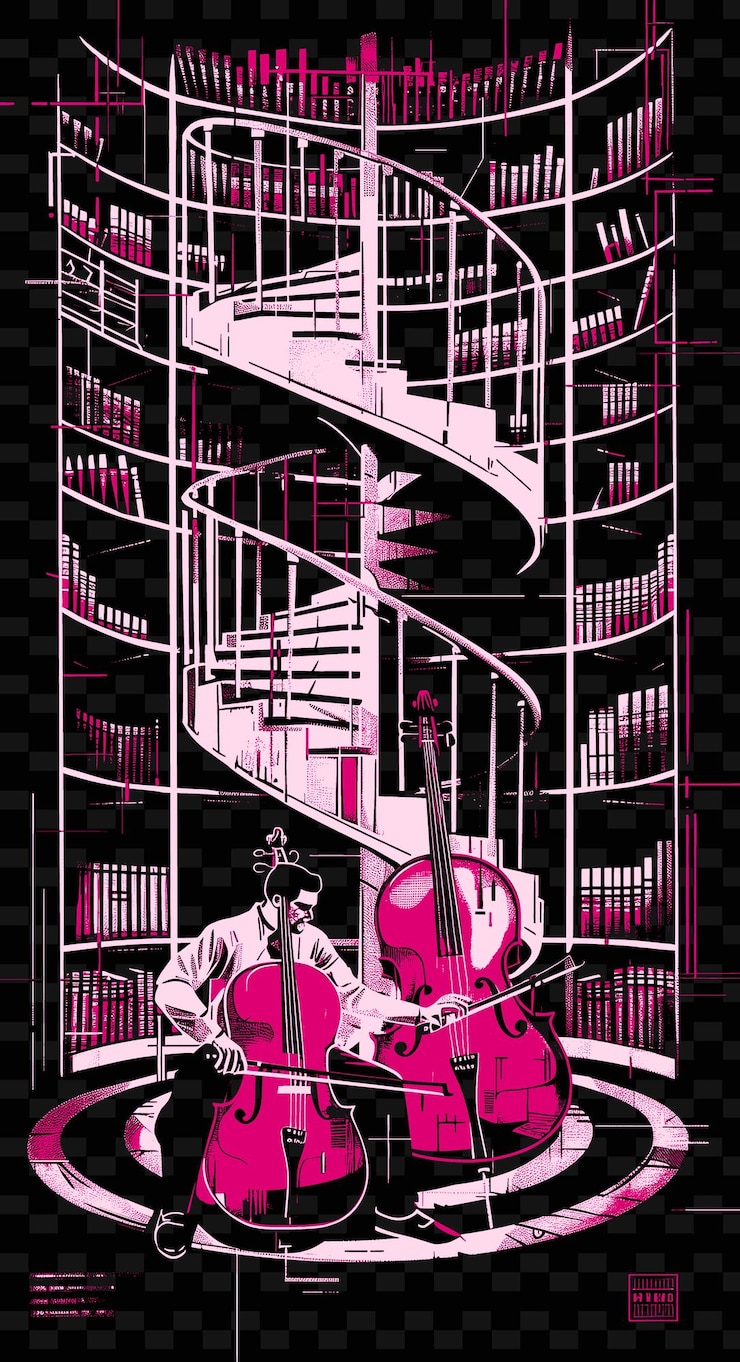 PSD cellista in una biblioteca con scaffali e scale a spirale illustrazione vettoriale idea di poster musicale