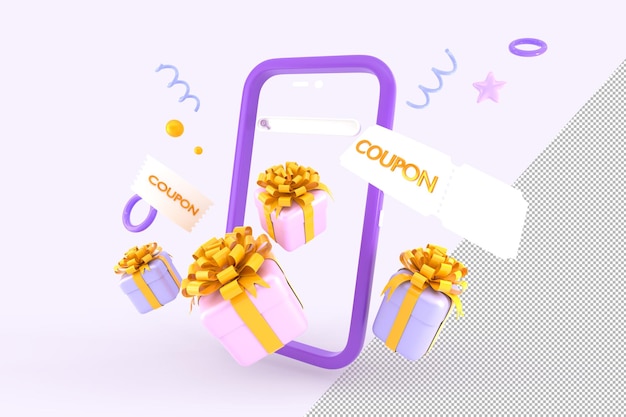 Celular 3D com caixas de presente e cupons voando para fora da tela Desenhos animados grande promoção de venda de compras no aplicativo Smartphone com presentes embrulhados ou espirais de bônus estrelas esferas anéis ilustração 3D