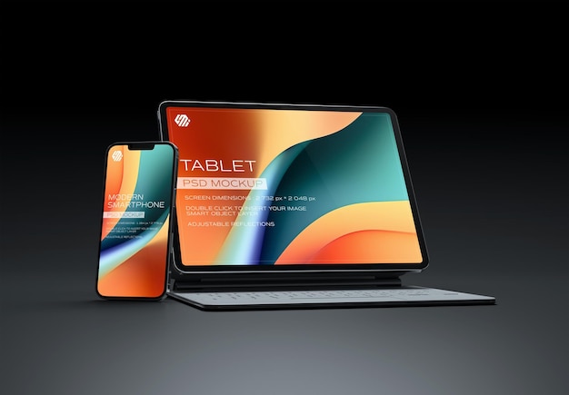 Celular e tablet portátil isolado na superfície escura Mockup