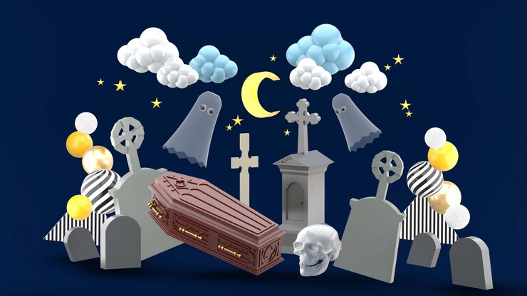 PSD el cementerio está rodeado de lápidas y fantasmas bajo el cielo nocturno.
