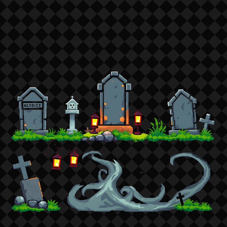 PSD cementerio con objetos colocados lápidas desgastadas linternas parpadeantes niebla giratoria el cementerio está en silencio