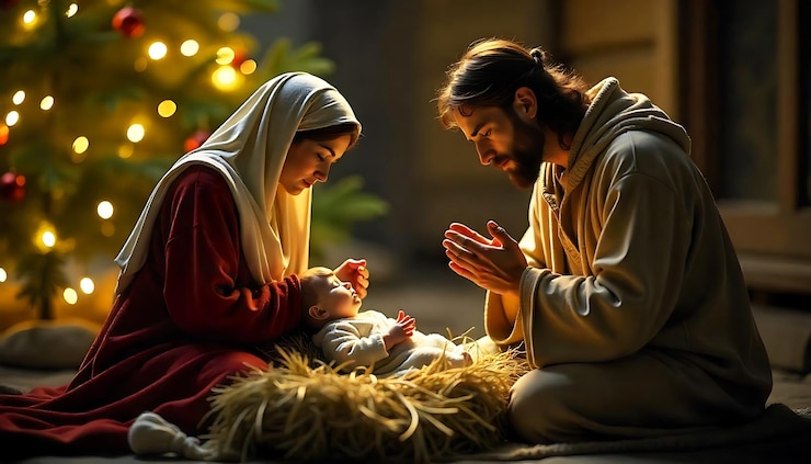 PSD cena com o bebê jesus maria e josé orando em uma árvore de natal