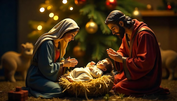 PSD cena com o bebê jesus maria e josé orando em uma árvore de natal