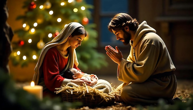 PSD cena com o bebê jesus maria e josé orando em uma árvore de natal