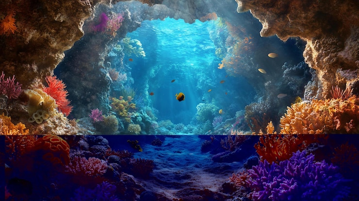 PSD cena de caverna subaquática com recife de coral vibrante e peixes