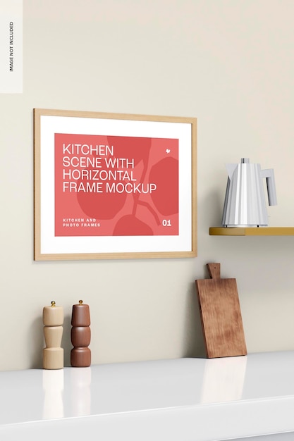 Cena de cozinha com maquete de moldura horizontal, vista esquerda