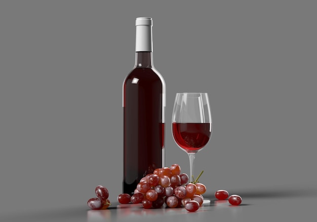 Cena de garrafa de vinho com uvas e modelo de maquete de copo de vinho 3d render.