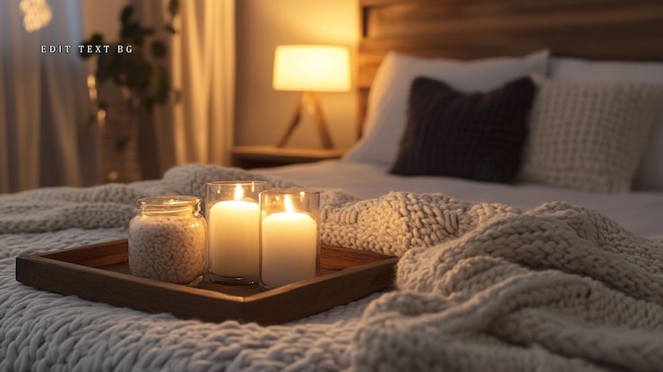 PSD cena de quarto aconchegante com velas acesas cobertor de tricô e frascos decorativos em uma bandeja de madeira