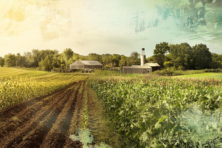 PSD cena de terras agrícolas rurais com colheitas, fazenda e trator