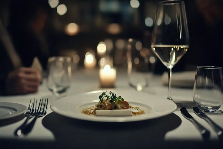 PSD una cena elegante con platos gourmet, una copa de vino y velas.