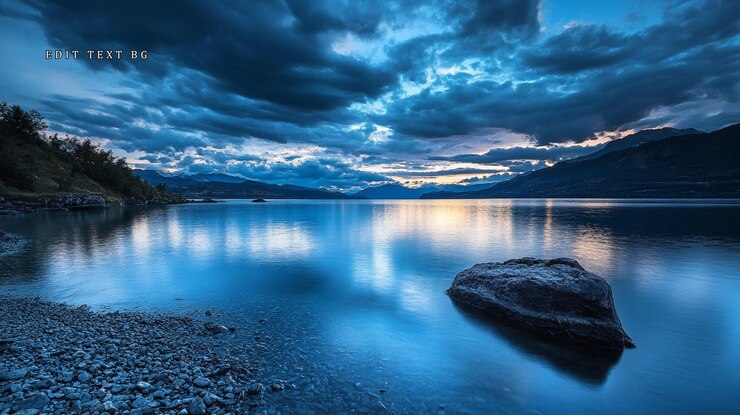 PSD cena serena de um lago no crepúsculo com nuvens dramáticas refletindo sobre a água calma, uma única rocha em primeiro plano