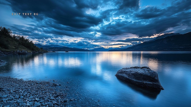 PSD cena serena de um lago no crepúsculo com nuvens dramáticas refletindo sobre a água calma, uma única rocha em primeiro plano