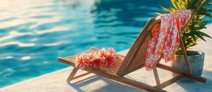 PSD cena tranquila à beira da piscina com cadeira de madeira, flores de coral e toalha desenhada