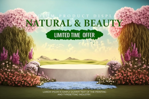 Cenário de exibição de palco de pódio de beleza natural com cena de campo de flores de primavera para exibição de produtos