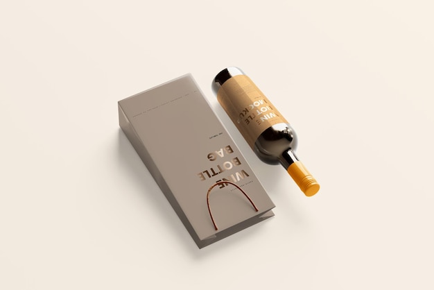 Cenas de mockup de garrafa e bolsa de vinho
