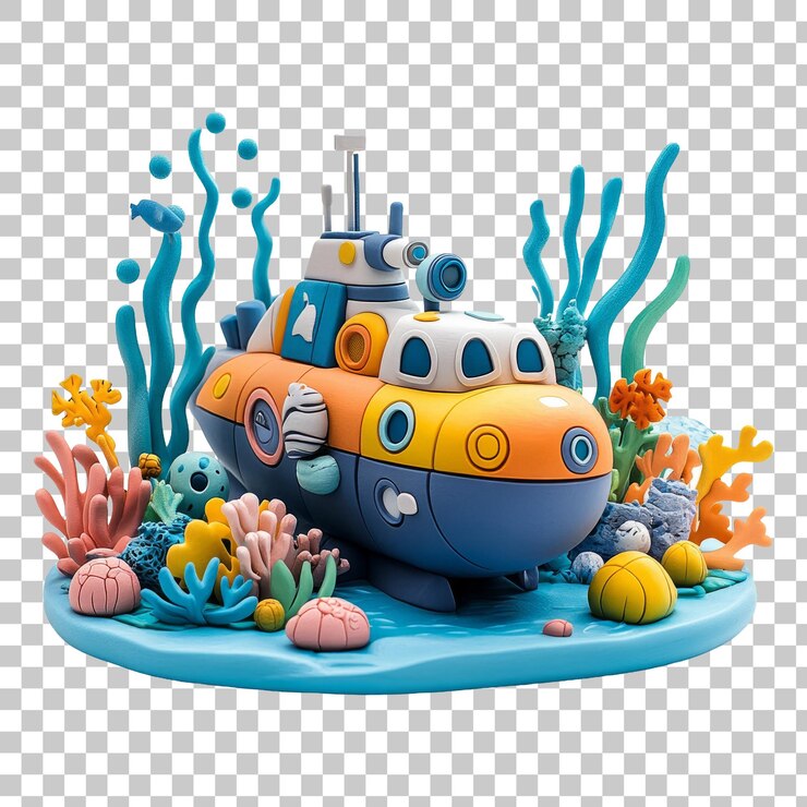 PSD cênica subaquática colorida com submarinos e recifes de corais em ilustração 3d