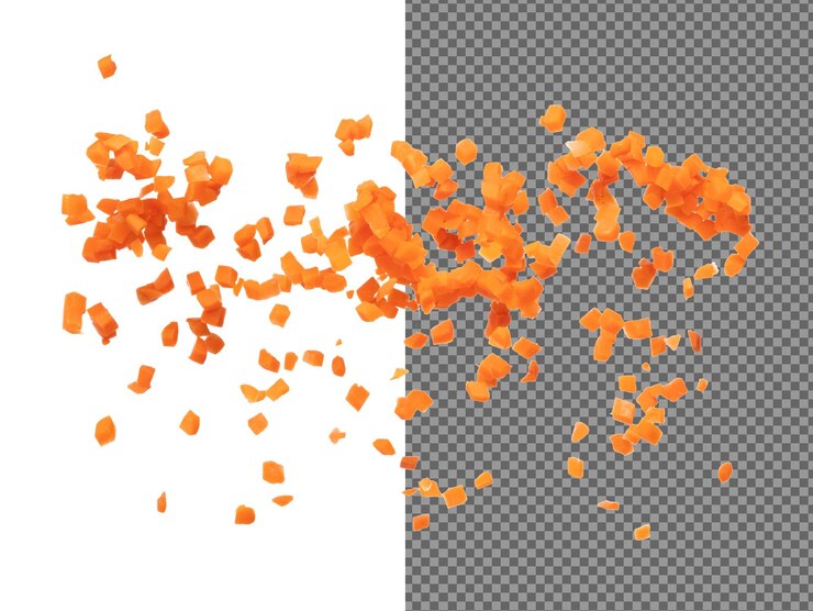 PSD cenoura fresca flutua no ar vira-se em forma de dados de cubo beta caroteno cor laranja na cenoura é boa saúde muitos dados cubo de cenoura voando vomitar no ar fundo branco isolado alta velocidade