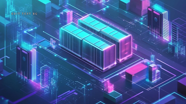 PSD centro de datos futurista con contenedores de envío brillantes que representan la infraestructura digital y la computación en la nube