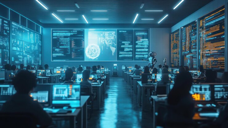 PSD un centro de datos futurista con un equipo de personas que trabajan en computadoras con una gran pantalla que muestra visualizaciones de datos