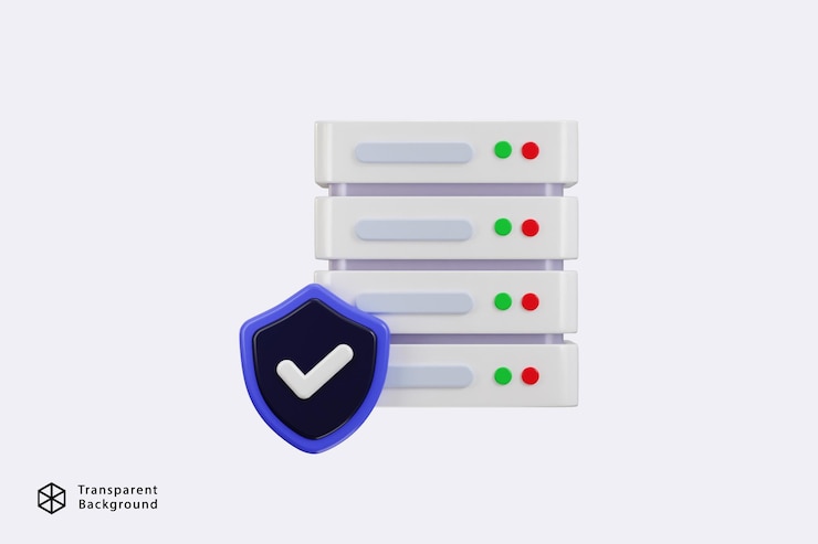 PSD centro de datos con icono de escudo de protección servidor icono 3d servidor datos alojamiento web icono seguro