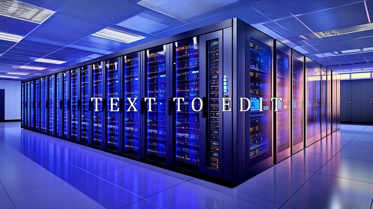 PSD centro de datos moderno con filas de servidores y iluminación azul