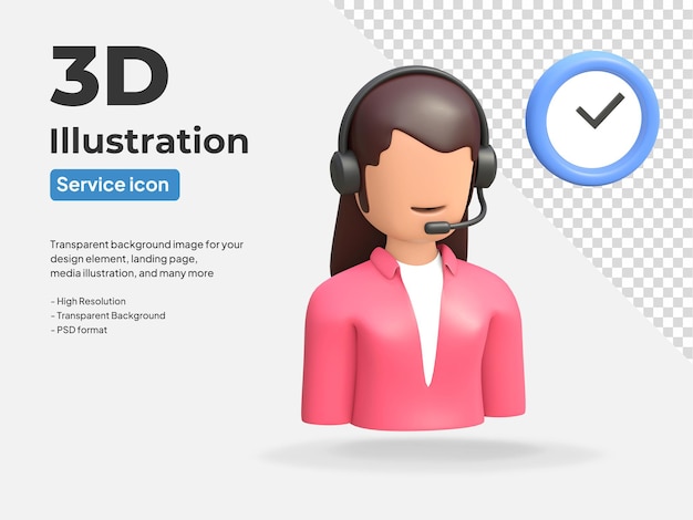 PSD centro de atendimento feminino com ícone de suporte ao cliente com fone de ouvido e símbolo de relógio de ponto ilustração 3d renderizada
