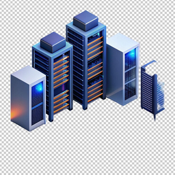 PSD centro de fecha isométrico servidor de renderización 3d con computadora aislada en un fondo transparente