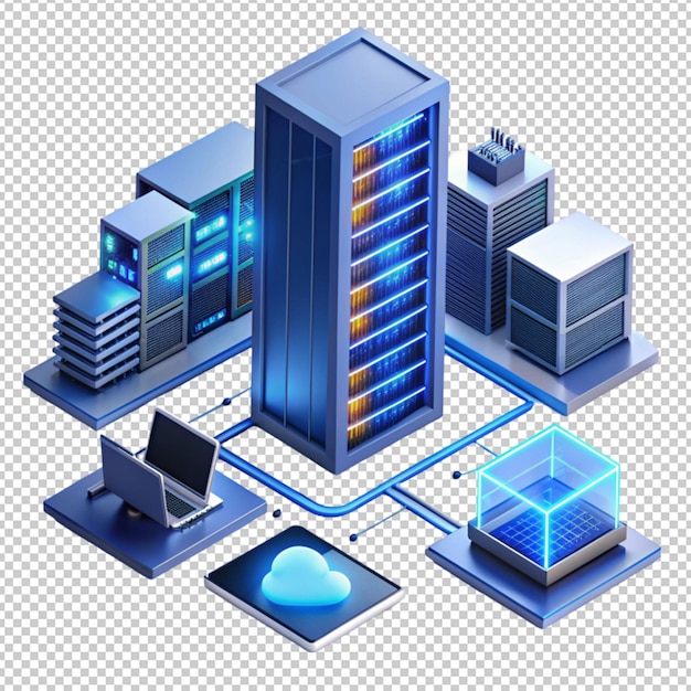 centro de fecha isométrico servidor de renderización 3D con computadora aislada en un fondo transparente
