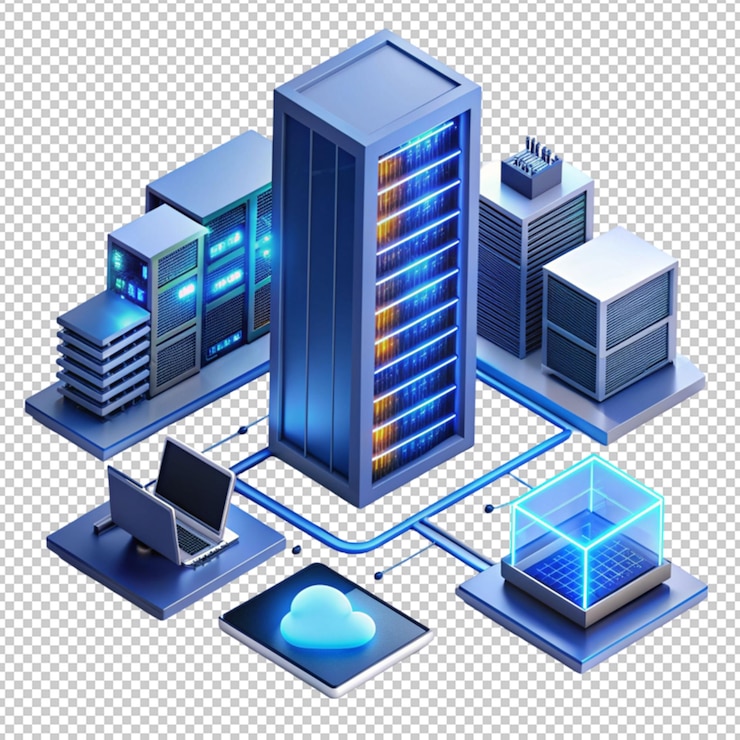 PSD centro de fecha isométrico servidor de renderización 3d con computadora aislada en un fondo transparente