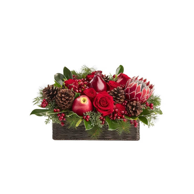 PSD centro de fiesta de invierno con rosas rojas bayas piñas y frutas