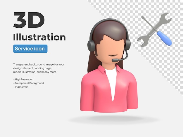 Centro de llamadas de mujeres con icono de headseT y símbolo de llave destornillador 3d rindió la ilustración