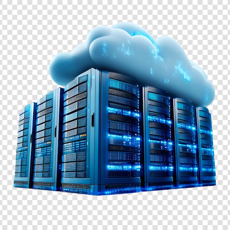 PSD centros de dados de computação em nuvem poderosos com servidores bluelit em um fundo transparente