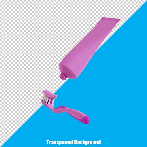 Cepillo de dientes y pasta de dientes dentales simples en 3D con una apariencia realista sobre un fondo transparente