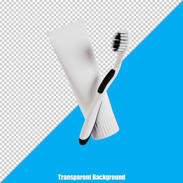 Cepillo de dientes y pasta de dientes dentales simples en 3D con una apariencia realista sobre un fondo transparente