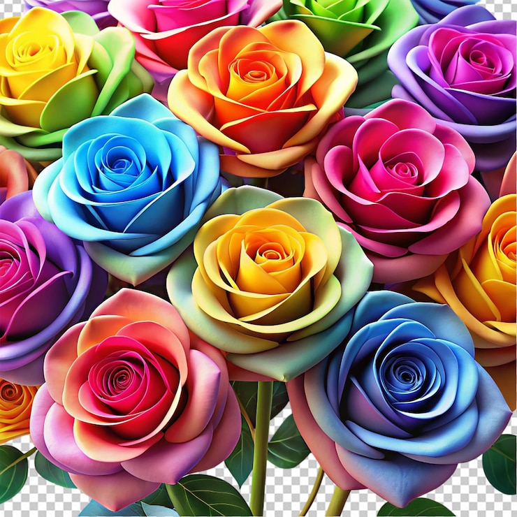 PSD cerca de las coloridas rosas de dibujos animados en un fondo blanco
