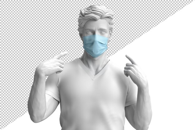 PSD cerca de un hombre confiado en máscara médica protectora en 3d rendering aislado