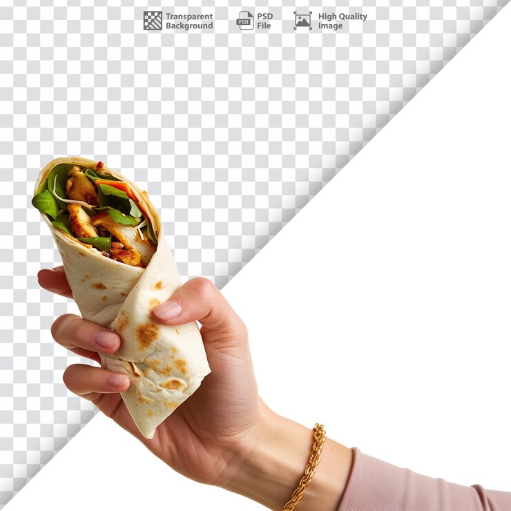 Cerca de la mano sosteniendo envoltura de pollo fresco en un fondo transparente