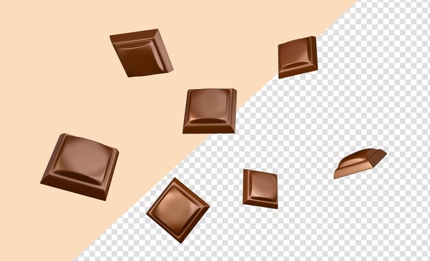 Cerca de la pila de trozos de chocolate cayendo Muchos cubos de chocolate cayendo