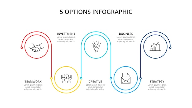 Cerchi piatti a linea sottile per infografica Modello per diagramma con 5 opzioni parti o processi