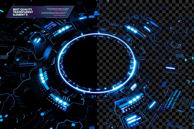 Cercle futuriste lumineux bleu avec des éléments de carte de circuit sur un fond transparent